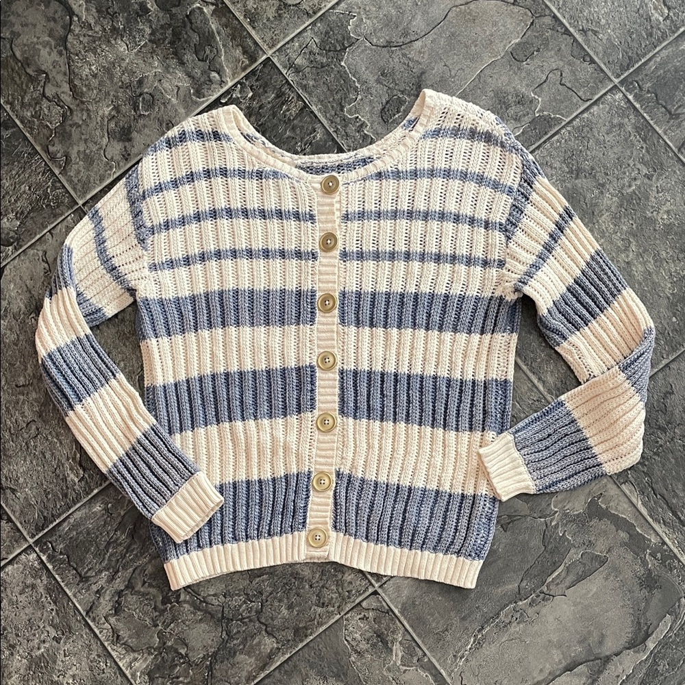 TRIBAL Back-Buttons Striped Women's Knit Sweater Cardigan Coastal Preppy Cottage